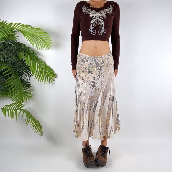 Vintage Beige Floral Fairy Grunge Bohemian Low Rise Hippie Midi Skirt / XL - Picture 4 of 4